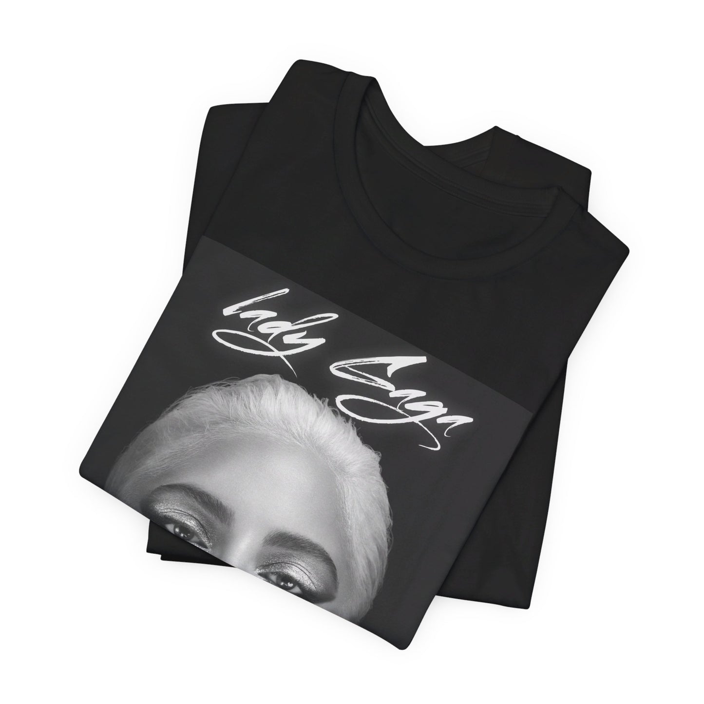 A black graphic t-shirt featuring a retro black and white monochrome graphic or photo of Lady Gaga.