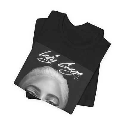 A black graphic t-shirt featuring a retro black and white monochrome graphic or photo of Lady Gaga.