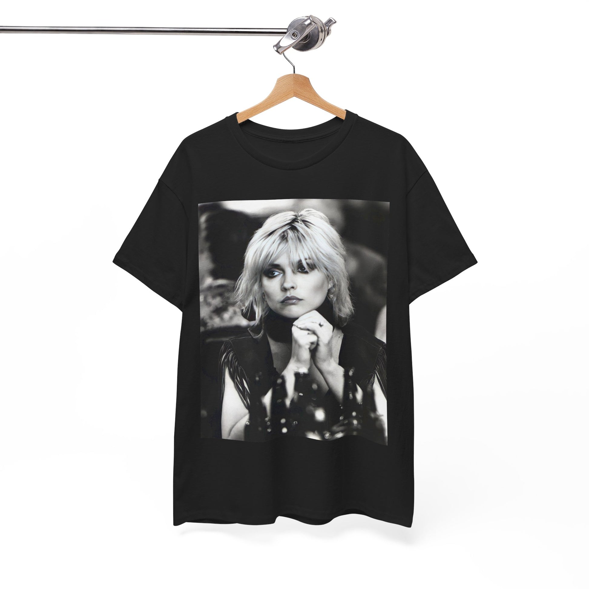 A black graphic t-shirt featuring an iconic black and white graphic or photo of Blondie.