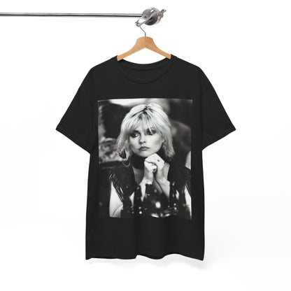 A black graphic t-shirt featuring an iconic black and white graphic or photo of Blondie.