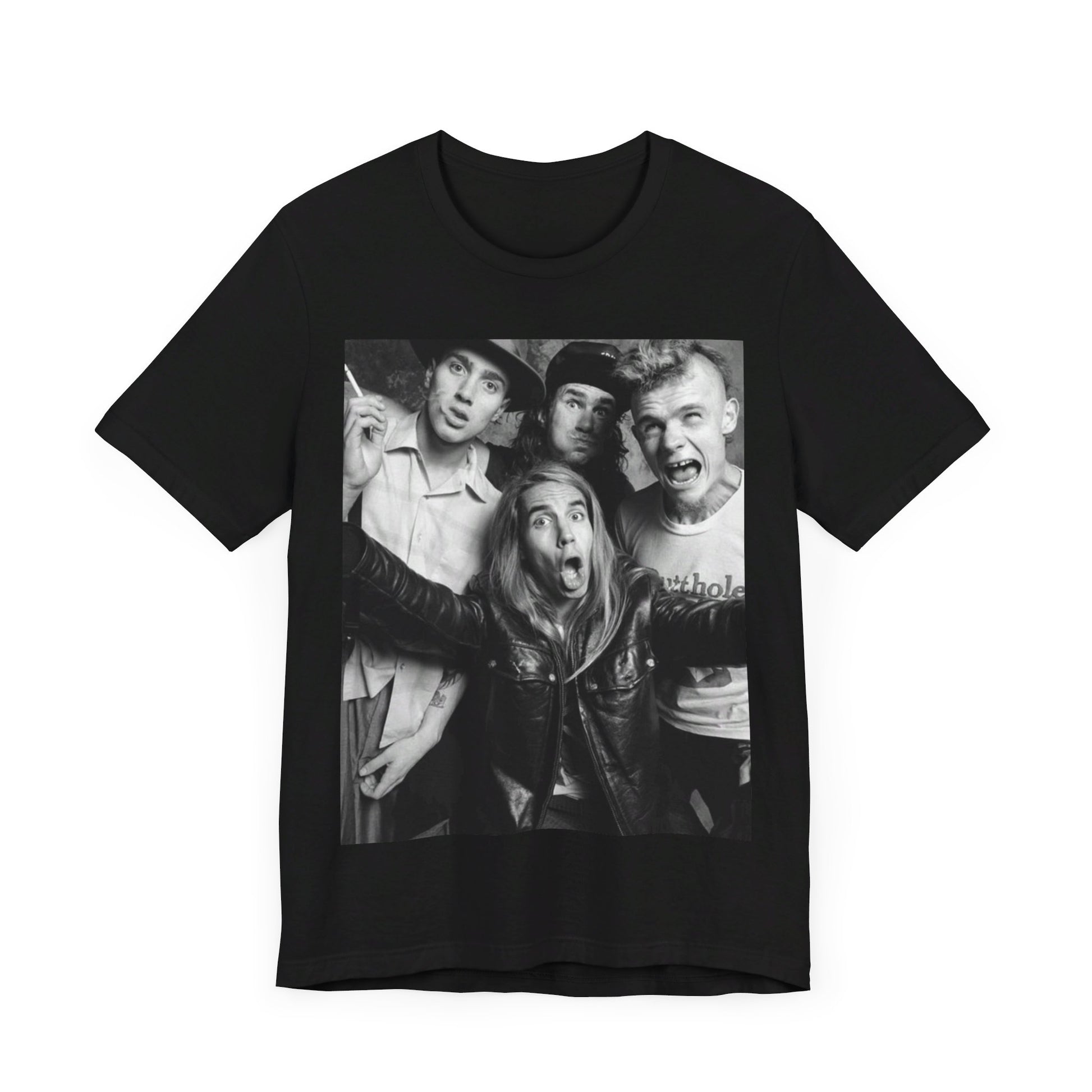 A black graphic t-shirt featuring an early days energy graphic of Red Hot Chili Peppers.