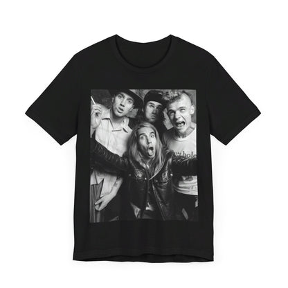 A black graphic t-shirt featuring an early days energy graphic of Red Hot Chili Peppers.
