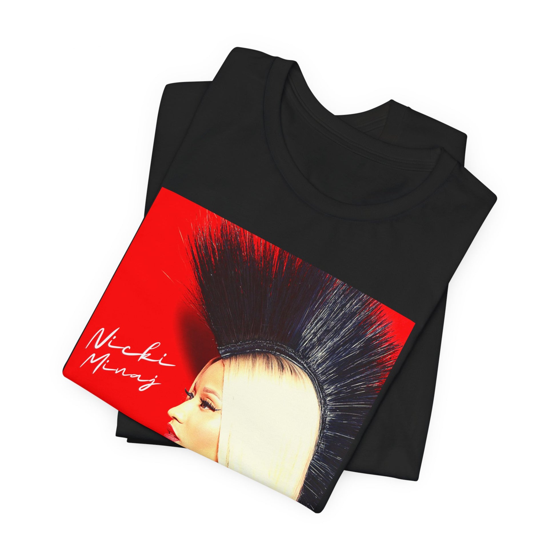 A black graphic t-shirt featuring a graphic of Nicki Minaj as a female rap pioneer.