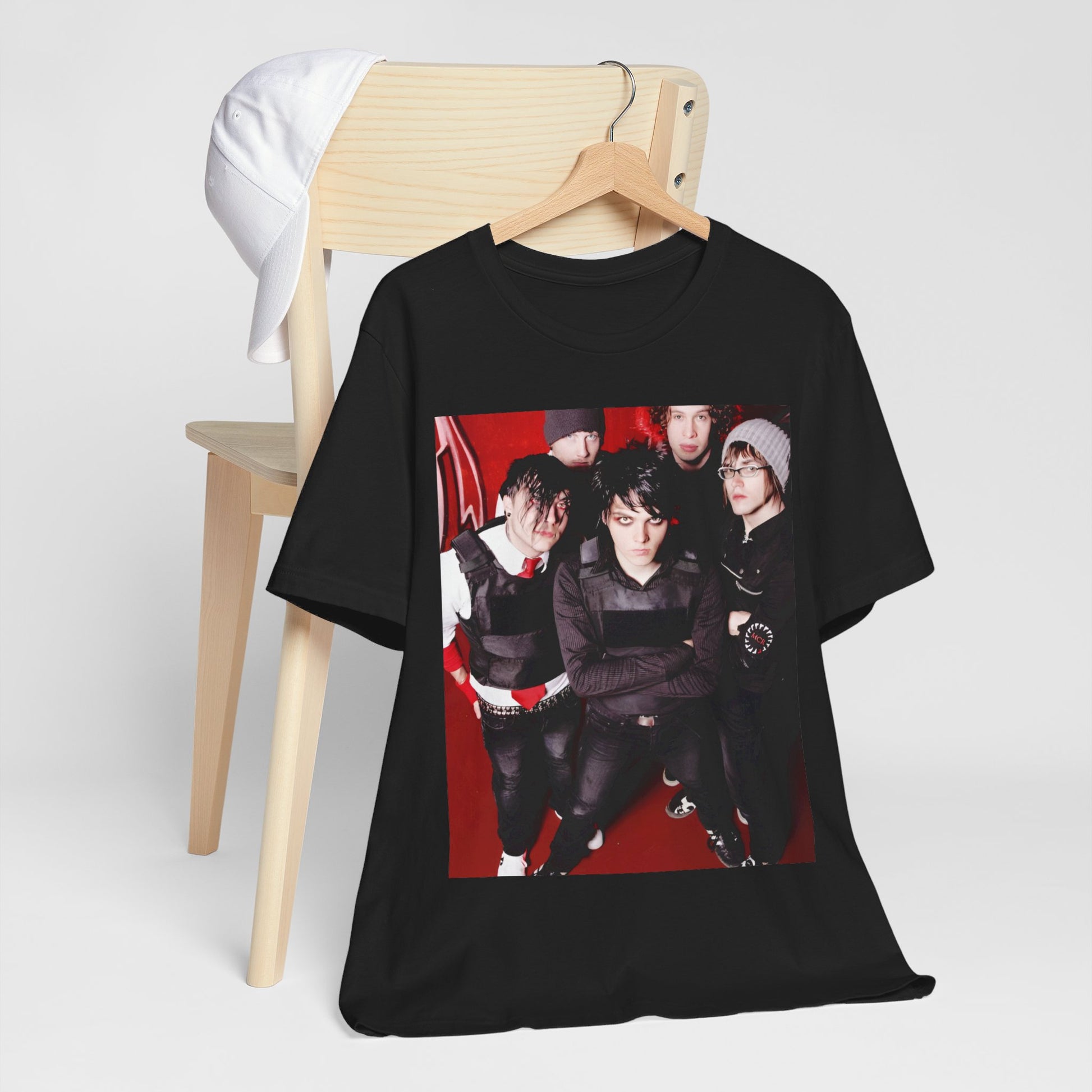 A black graphic t-shirt featuring a boxy graphic related to My Chemical Romance's 'Black Parade' album era.