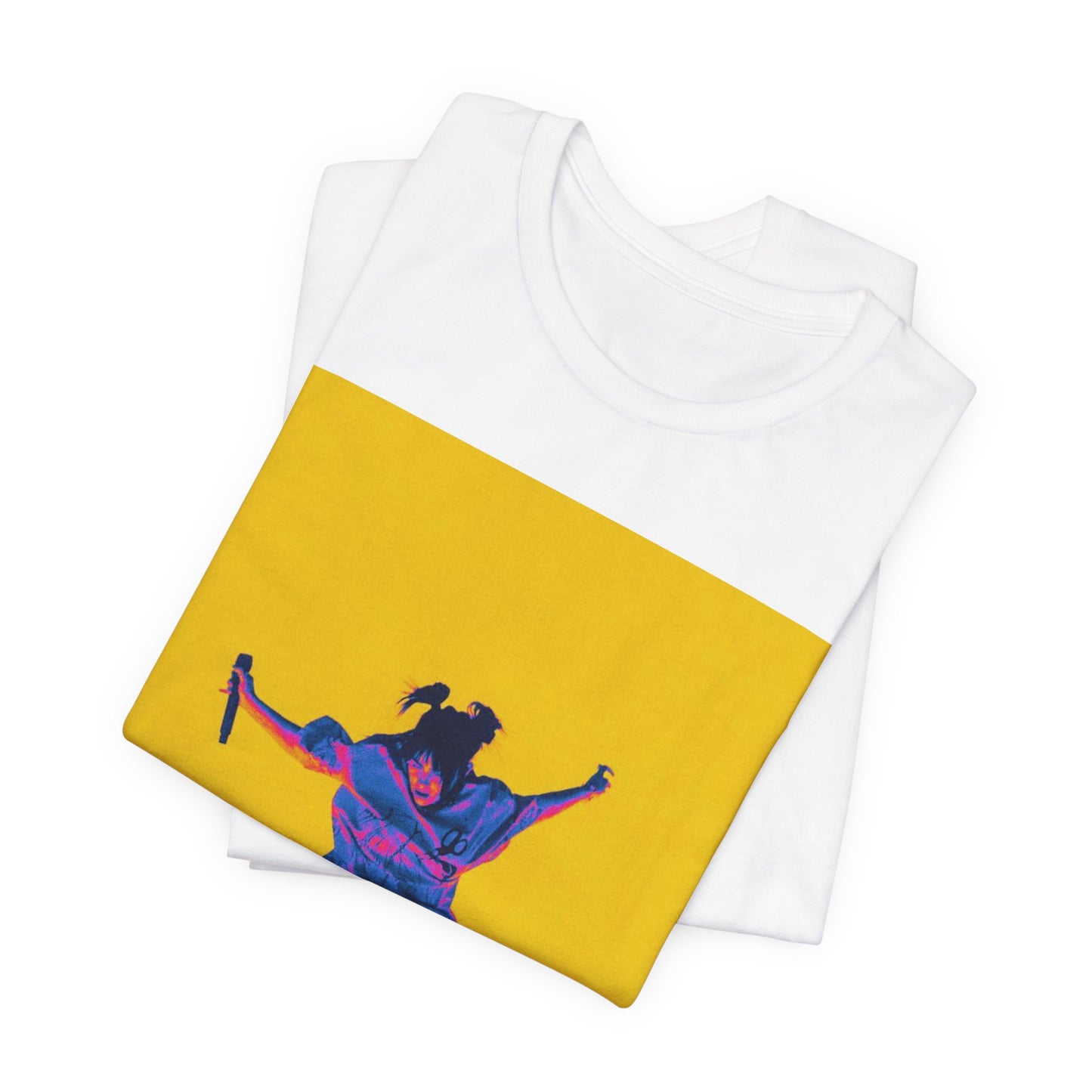 A stylized graphic of Billie Eilish jumping in the air with a microphone, rendered with psychedelic thermal colors against a solid yellow background.