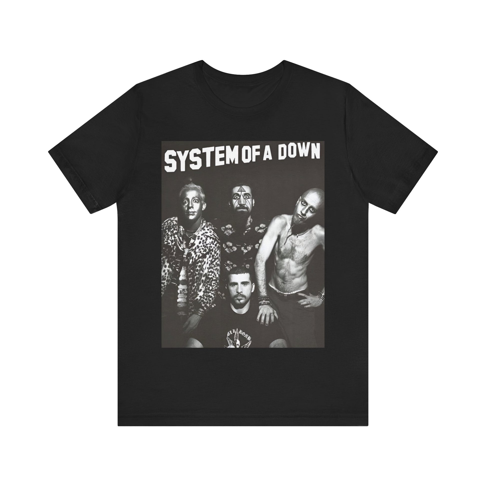 A black graphic t-shirt featuring a black and white graphic related to System of a Down's 'Chop Suey!' song or era.