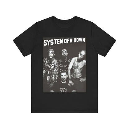 A black graphic t-shirt featuring a black and white graphic related to System of a Down's 'Chop Suey!' song or era.