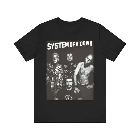 A black graphic t-shirt featuring a black and white graphic related to System of a Down's 'Chop Suey!' song or era.