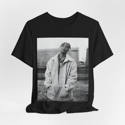A black graphic t-shirt featuring a graphic related to Tupac's 'Thug Life' philosophy.