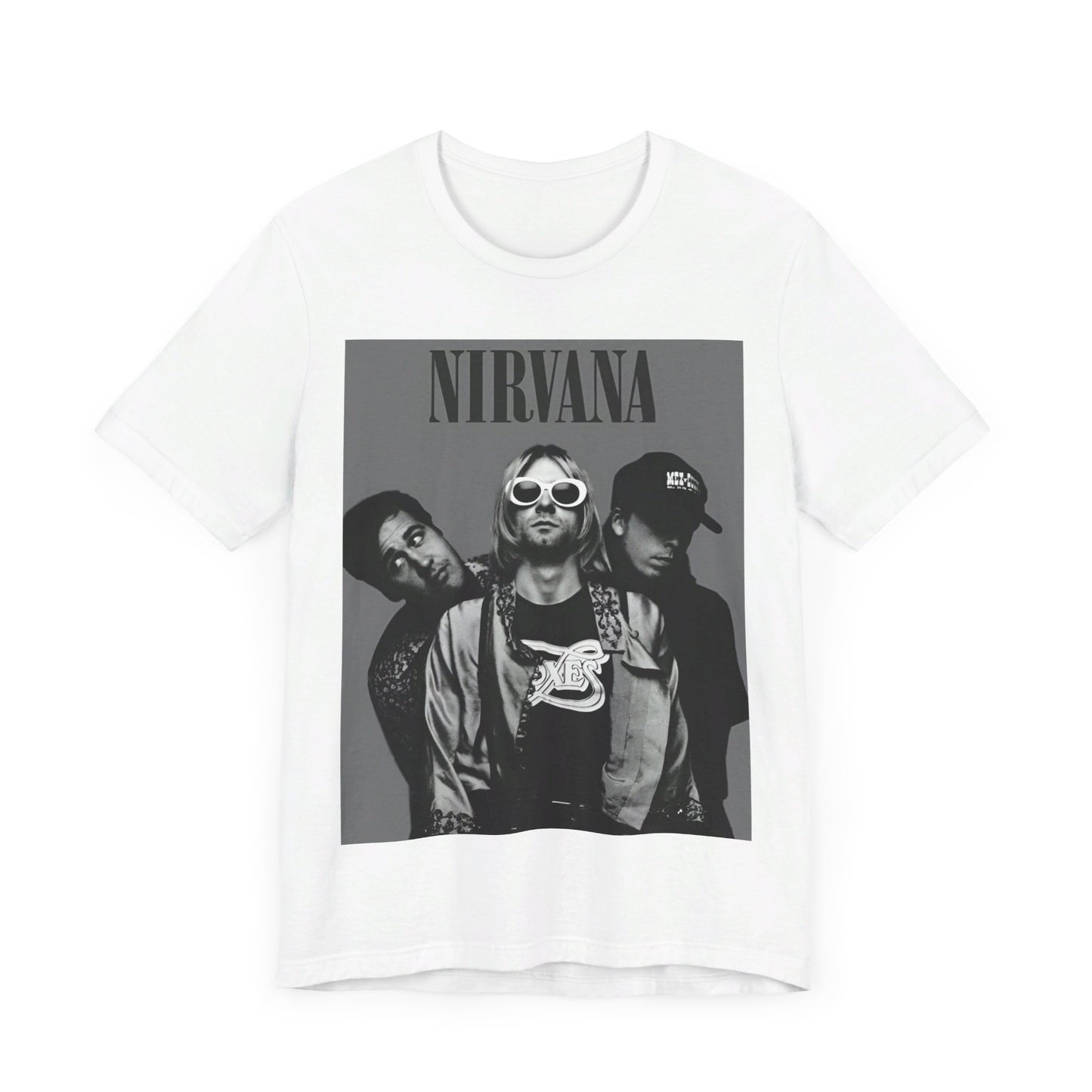 A black graphic t-shirt featuring a black and white, monochrome graphic or photo of Nirvana.