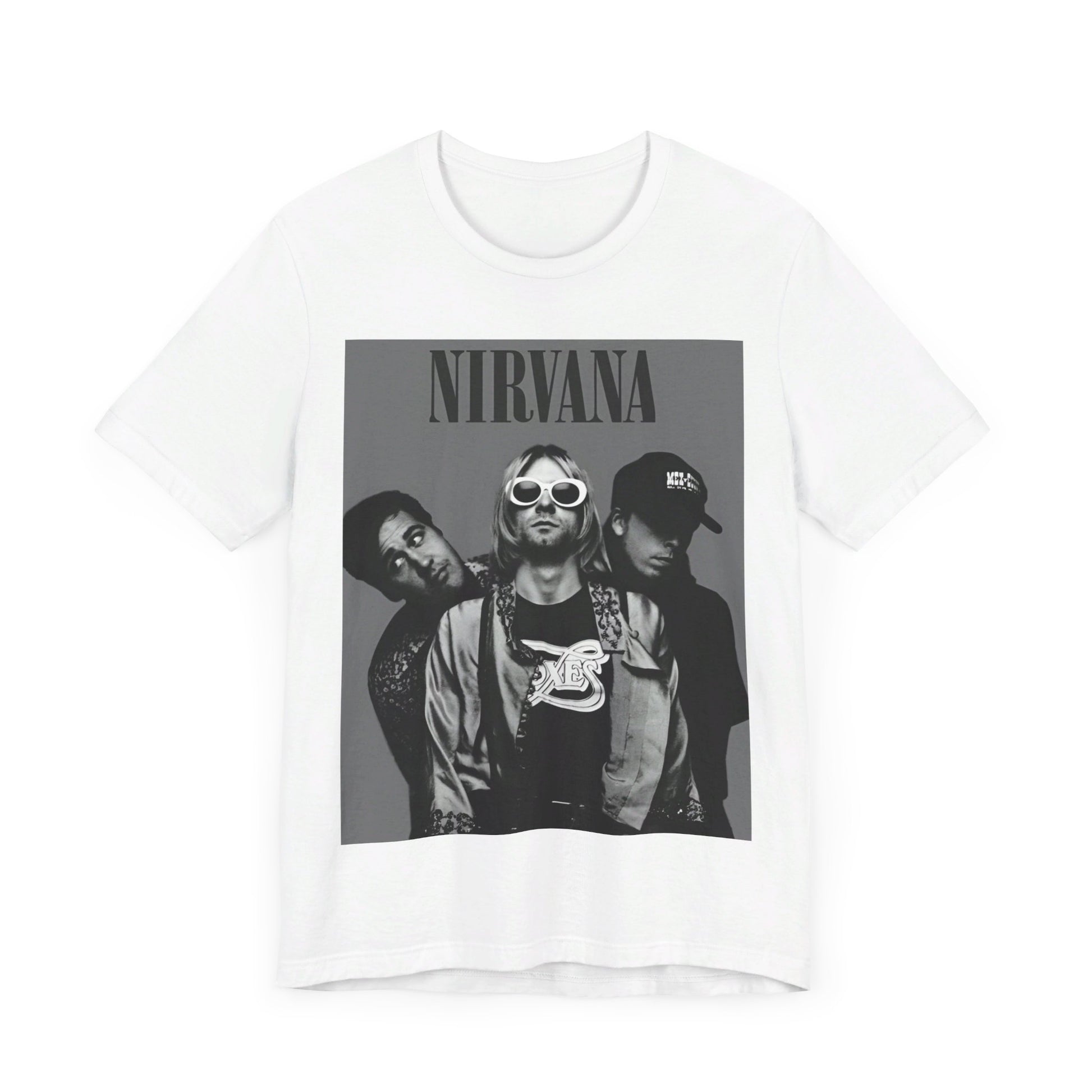 A black graphic t-shirt featuring a black and white, monochrome graphic or photo of Nirvana.