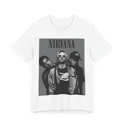 A black graphic t-shirt featuring a black and white, monochrome graphic or photo of Nirvana.
