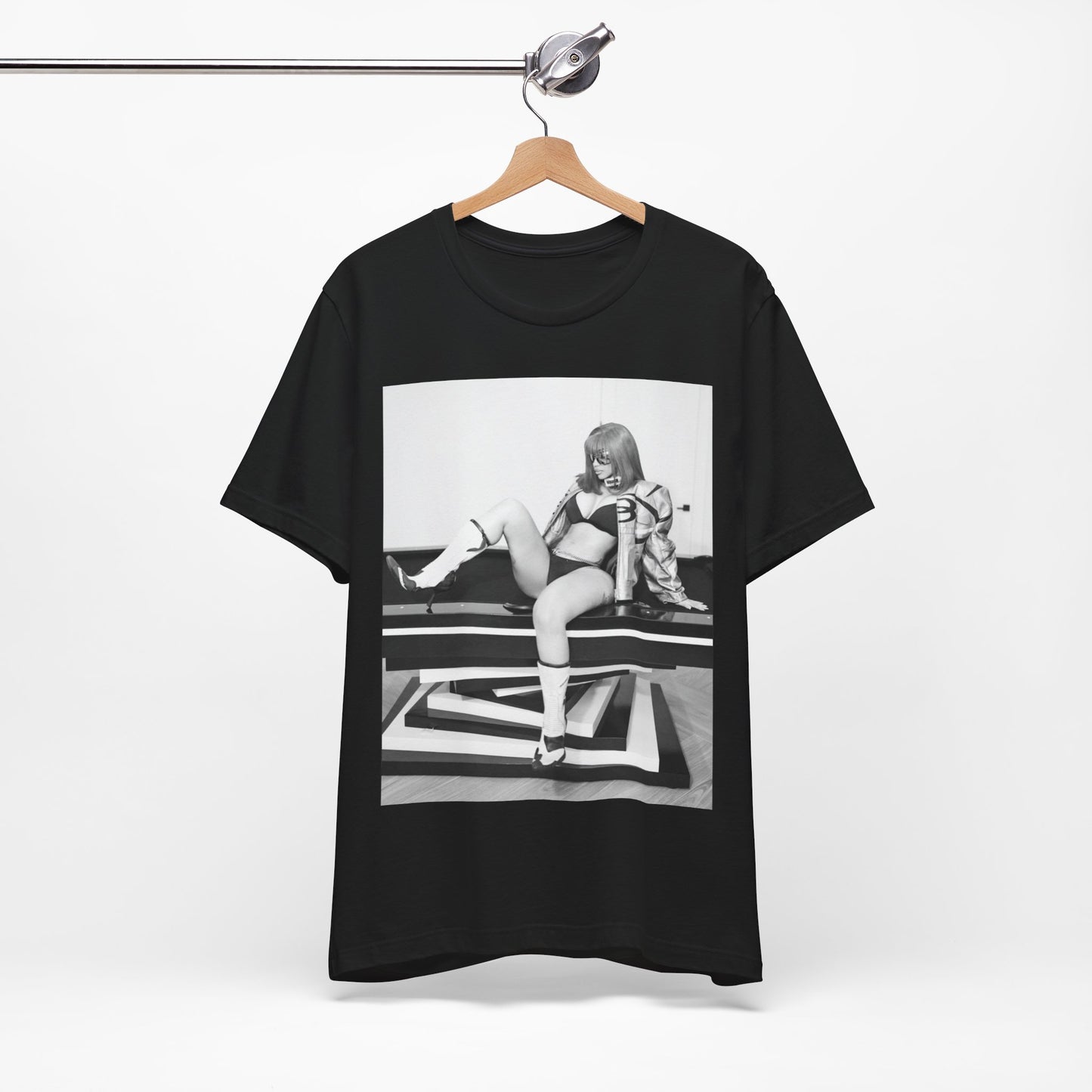 A black graphic t-shirt featuring an artistic or aesthetic graphic of Cardi B in a hip hop style.