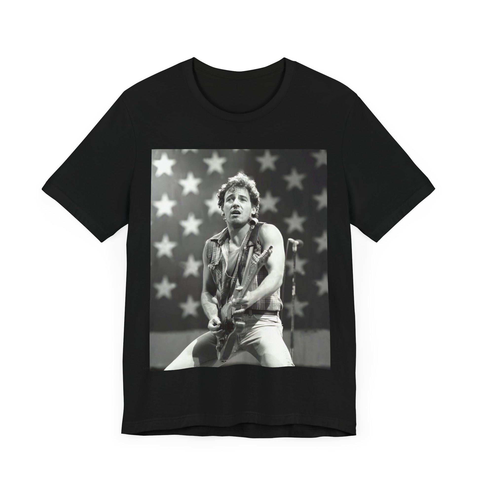 A black graphic t-shirt featuring a black and white graphic of Bruce Springsteen with an American flag background or elements.