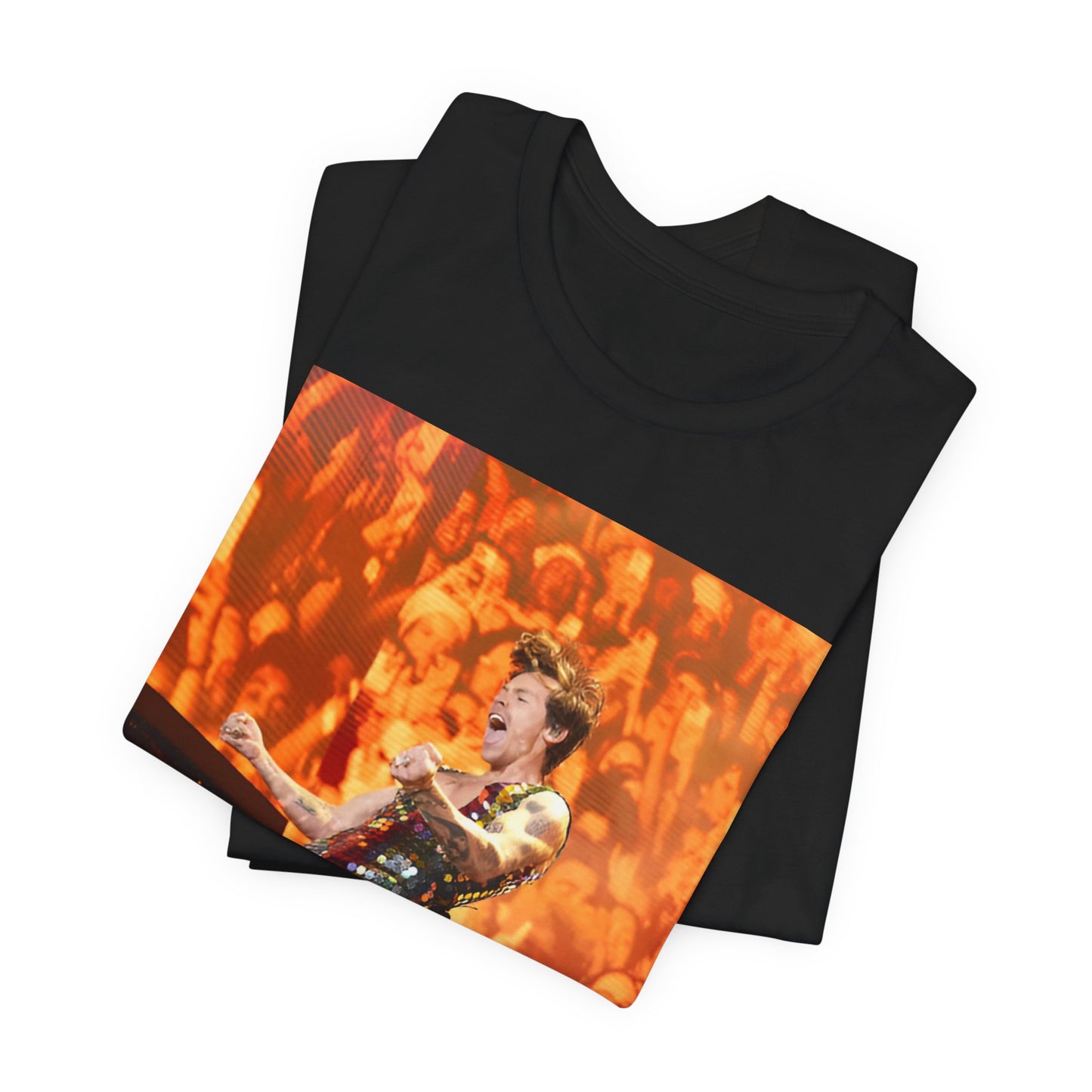 A black graphic t-shirt featuring a graphic related to Harry Styles' 'As It Was' song or era, possibly a live performance.