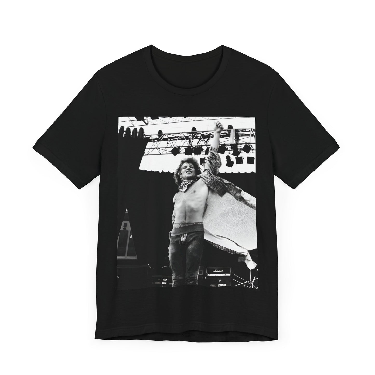 A black graphic t-shirt featuring an epic arena rock graphic of Bon Jovi performing on a large stage.