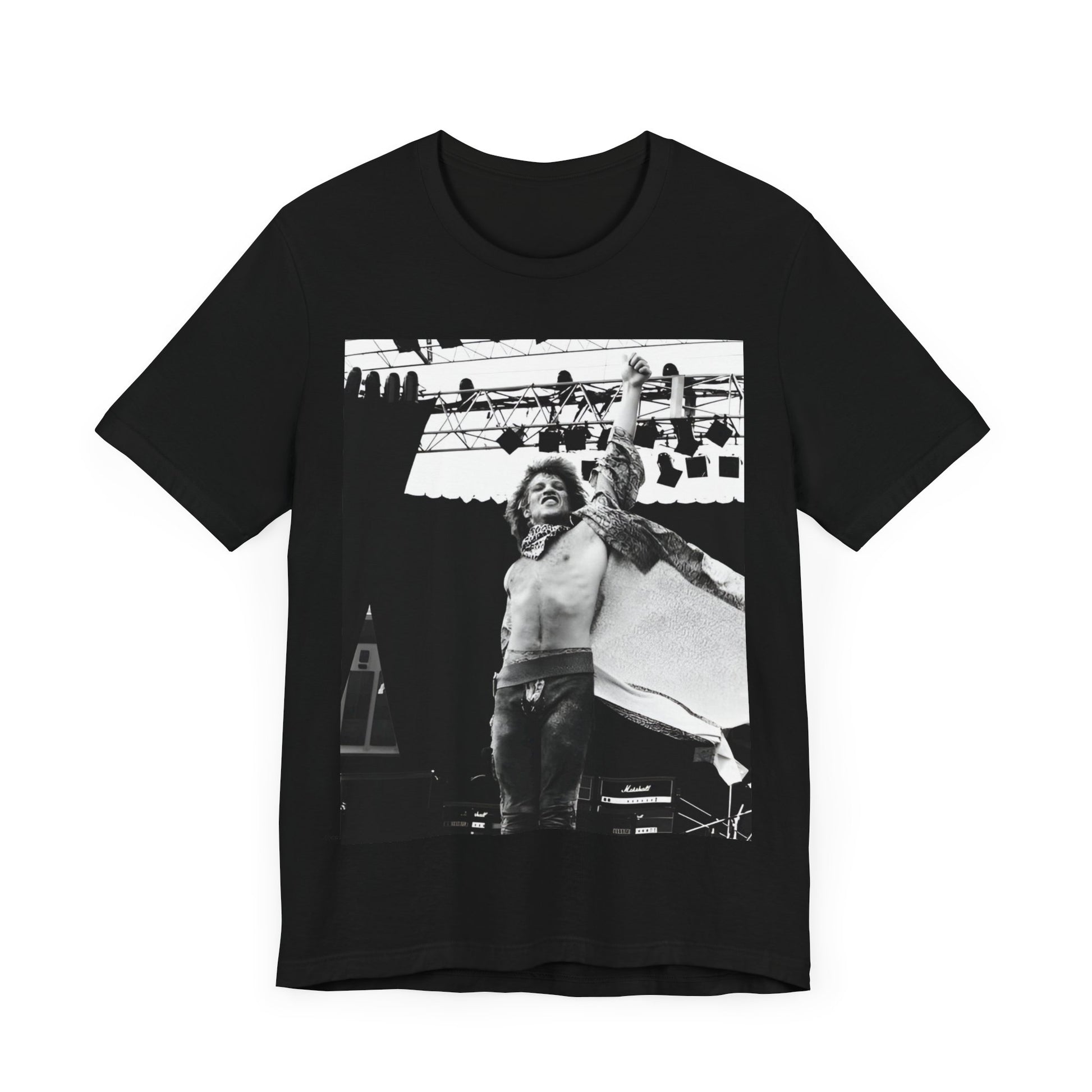 A black graphic t-shirt featuring an epic arena rock graphic of Bon Jovi performing on a large stage.