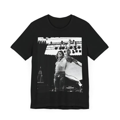 A black graphic t-shirt featuring an epic arena rock graphic of Bon Jovi performing on a large stage.