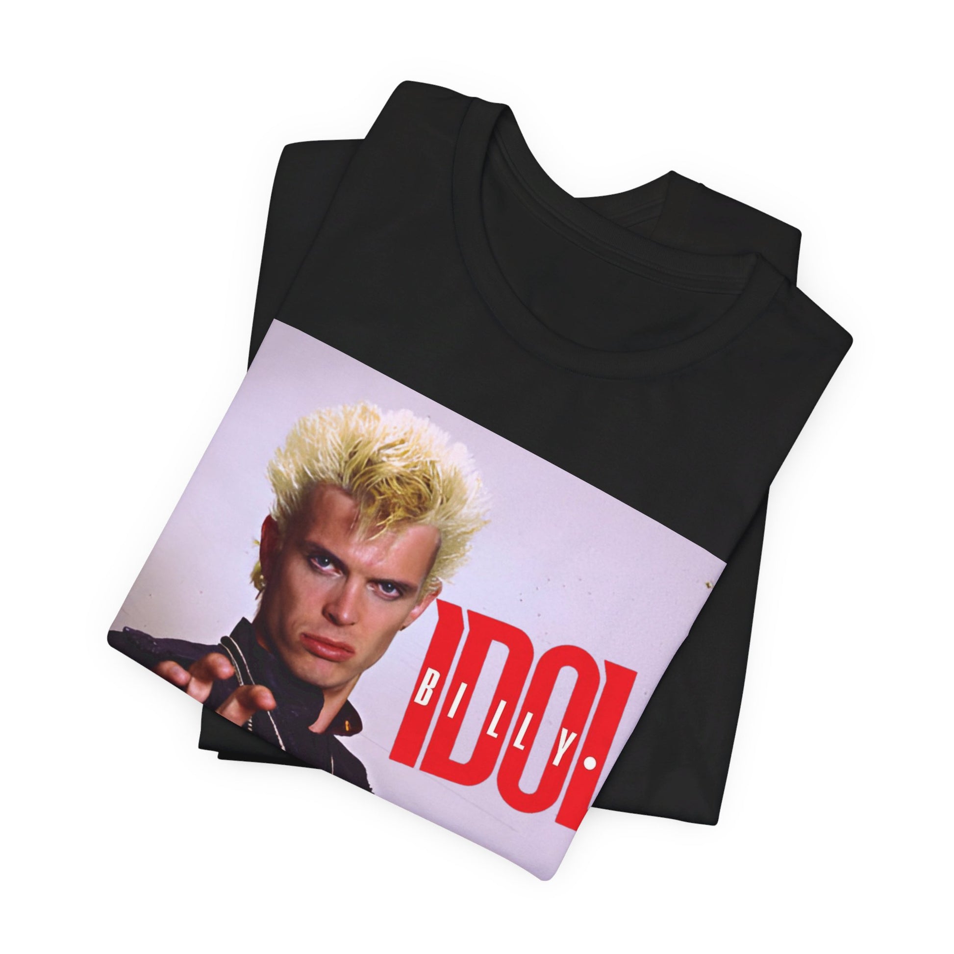 A black graphic t-shirt featuring a graphic of Billy Idol in an iconic rock pose from the 1980s.