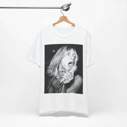 A black graphic t-shirt featuring a graphic of Iggy Pop as the Godfather of Punk, performing live.