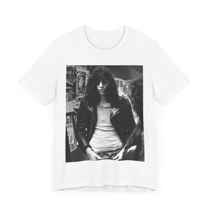 A black graphic t-shirt featuring a 70s black and white photo portrait of Joey Ramone from Ramones.