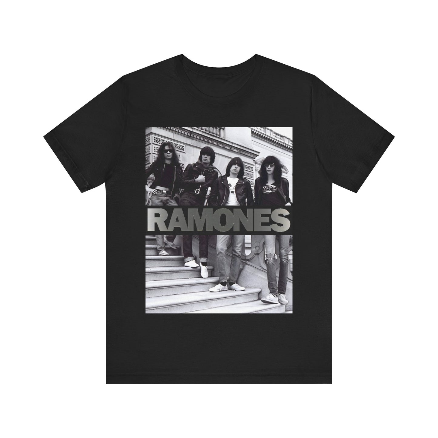 A black graphic t-shirt featuring a graphic related to Ramones' 'Blitzkrieg Bop' song or era.