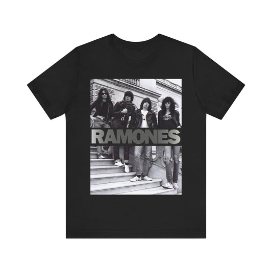 A black graphic t-shirt featuring a graphic related to Ramones' 'Blitzkrieg Bop' song or era.