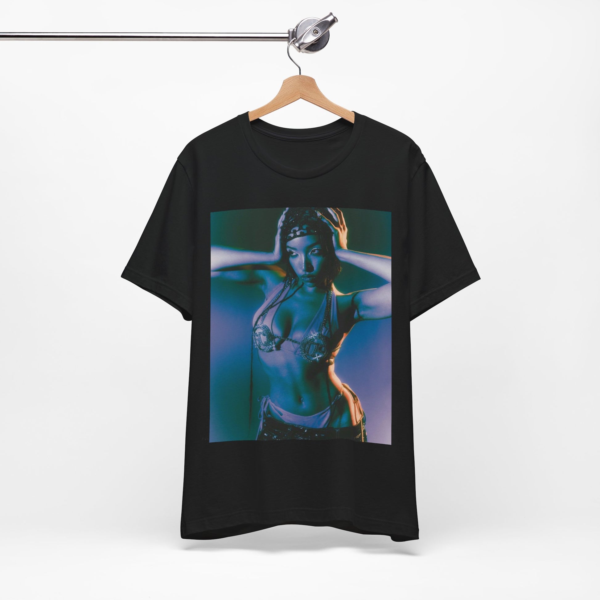 A black graphic t-shirt featuring a graphic of Tinashe as a choreography queen.