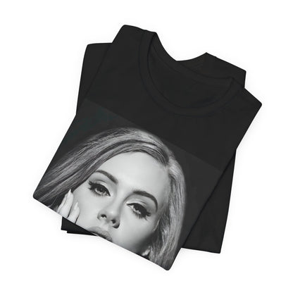 A black graphic t-shirt featuring a studio portrait of Adele from her '25' album era, showing a poised and thoughtful expression with her hair styled elegantly.