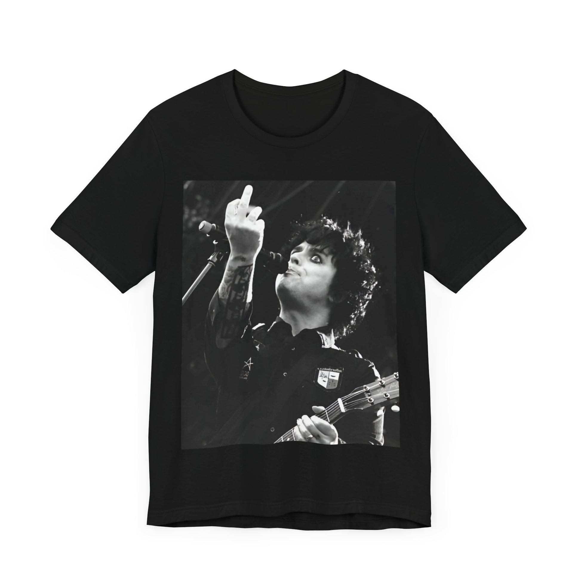 A black graphic t-shirt featuring a graphic of Billie Joe Armstrong from Green Day giving the middle finger during a concert.
