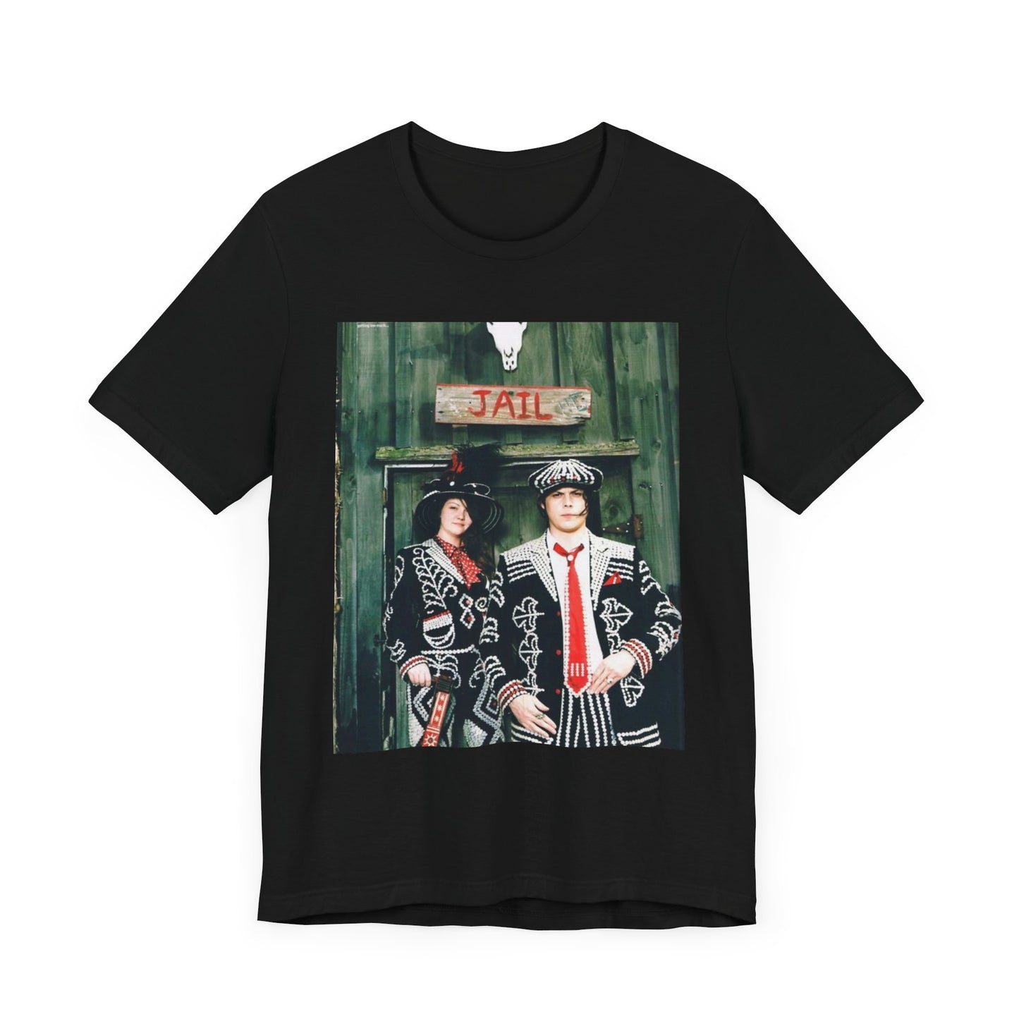 A black graphic t-shirt featuring a graphic of Jack and Meg White from The White Stripes.