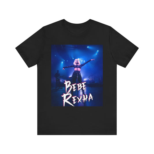 A black graphic t-shirt featuring a dynamic graphic or photo of Bebe Rexha performing live on stage.