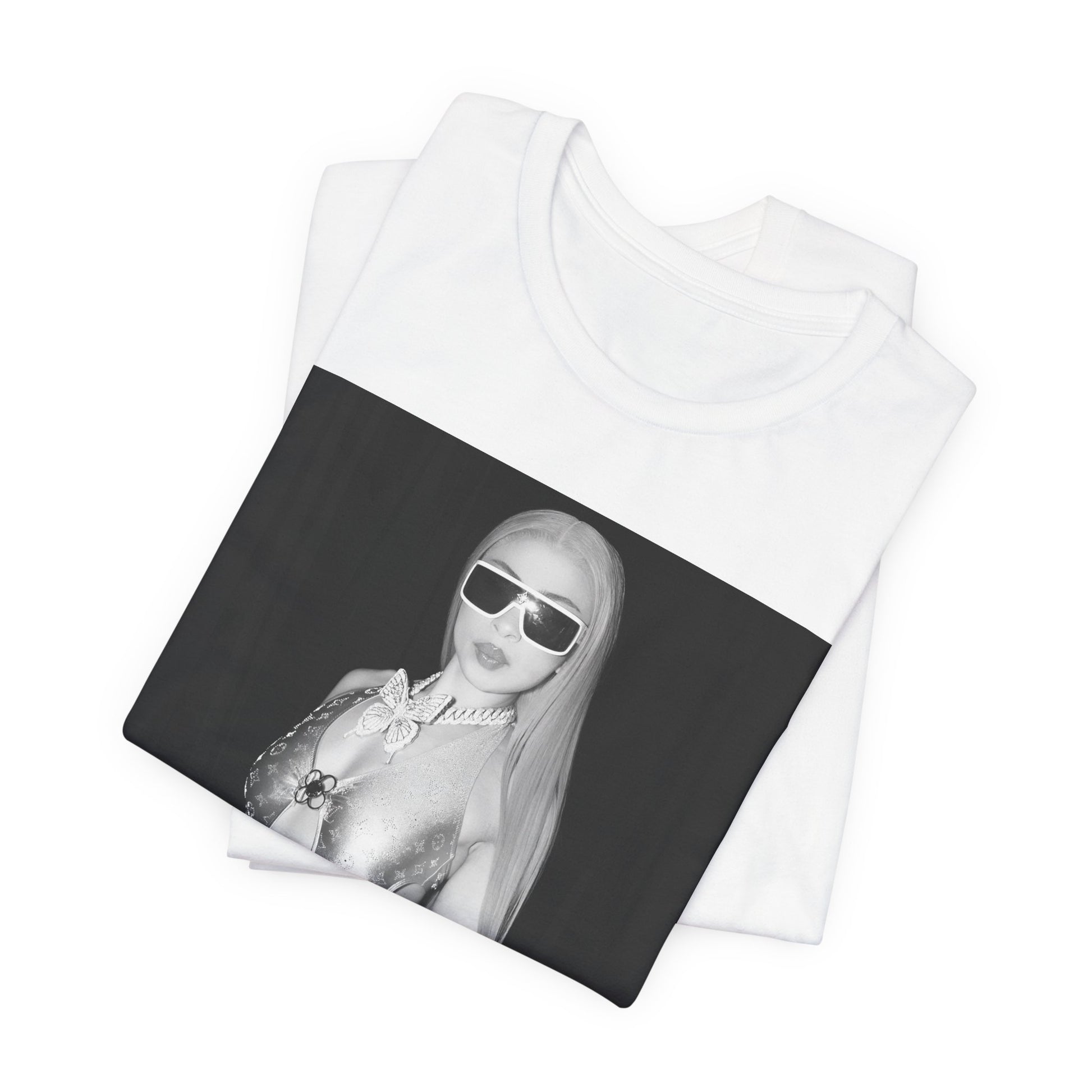 A black graphic t-shirt featuring a black and white graphic or photo of Ice Spice in a backstage setting.