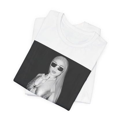 A black graphic t-shirt featuring a black and white graphic or photo of Ice Spice in a backstage setting.