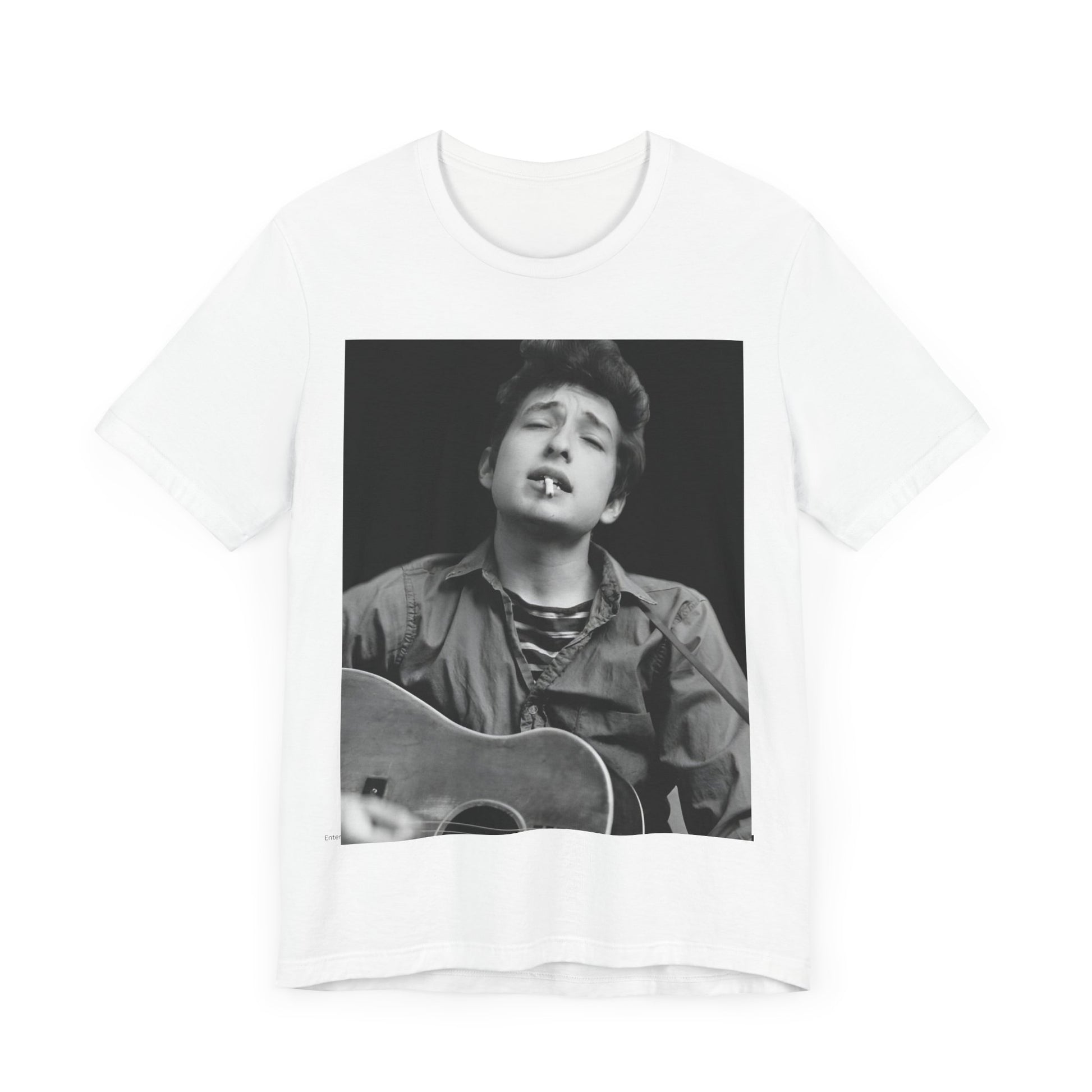 A black graphic t-shirt featuring a photo of Bob Dylan with his acoustic guitar.