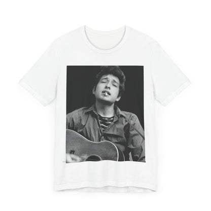 A black graphic t-shirt featuring a photo of Bob Dylan with his acoustic guitar.