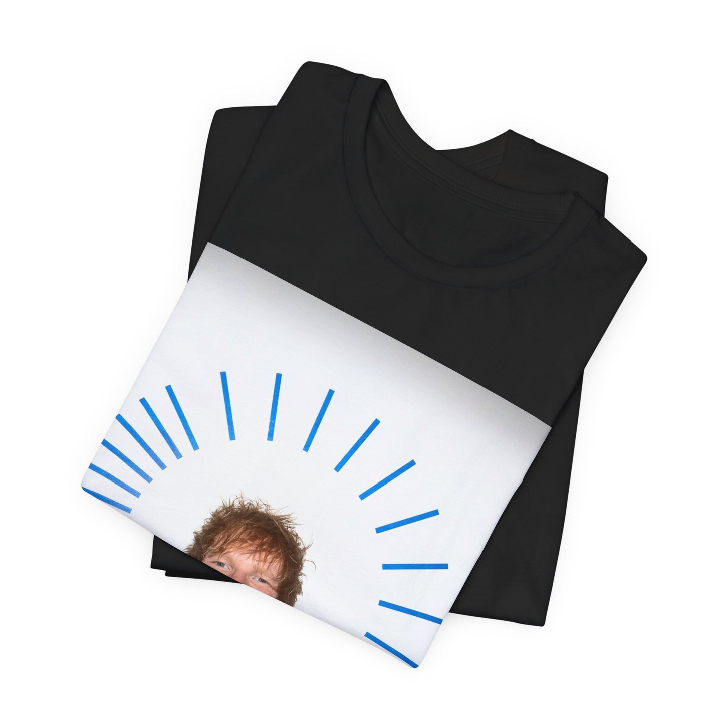 A black graphic t-shirt featuring a classic photo portrait of Ed Sheeran in a folk-pop style.