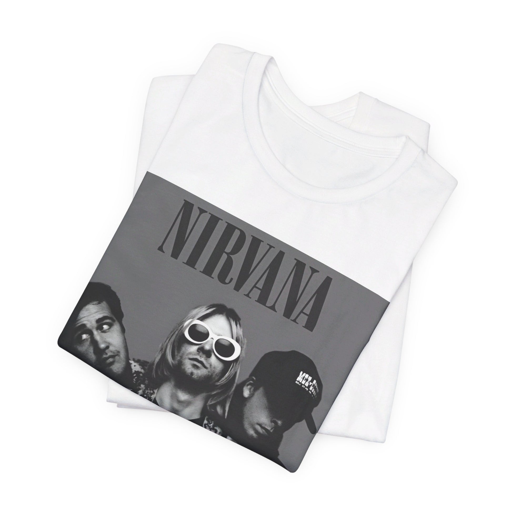 A black graphic t-shirt featuring a black and white, monochrome graphic or photo of Nirvana.