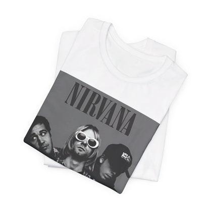A black graphic t-shirt featuring a black and white, monochrome graphic or photo of Nirvana.