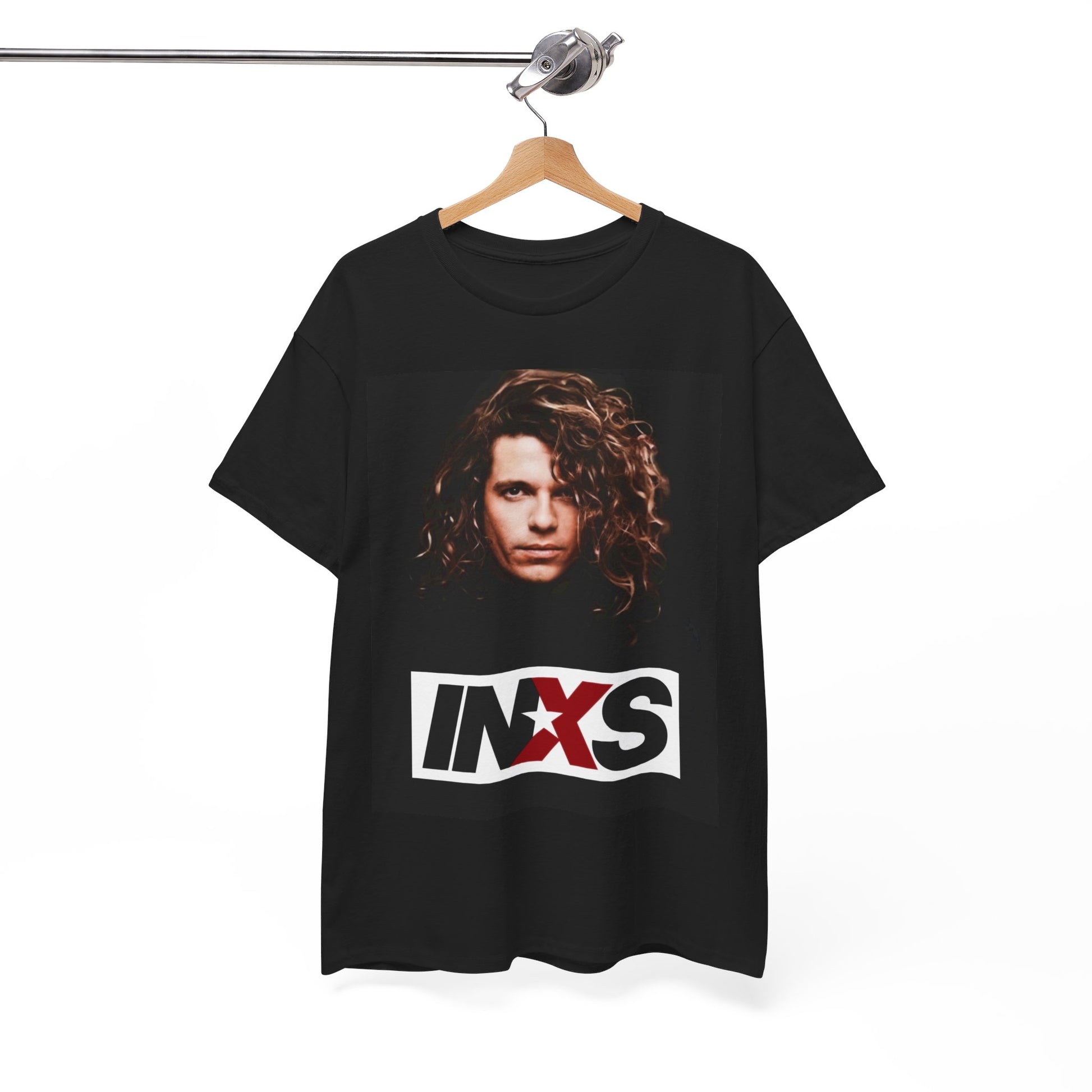 A black graphic t-shirt featuring a graphic of Michael Hutchence from INXS as a frontman legend.