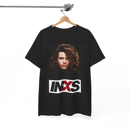 A black graphic t-shirt featuring a graphic of Michael Hutchence from INXS as a frontman legend.