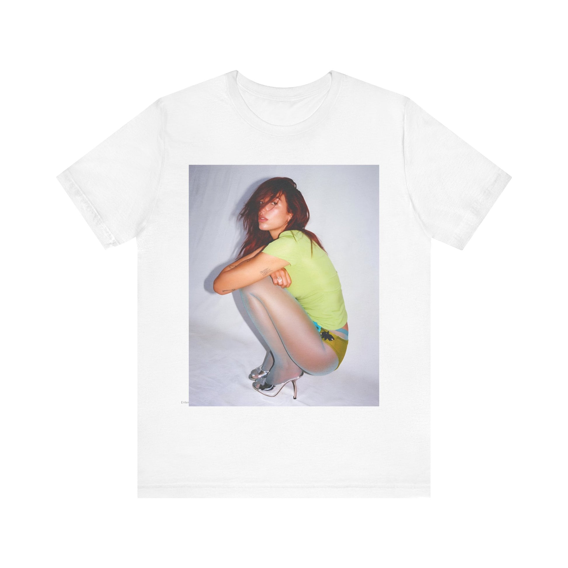 A black graphic t-shirt featuring a graphic inspired by Dua Lipa's 'Houdini' song.