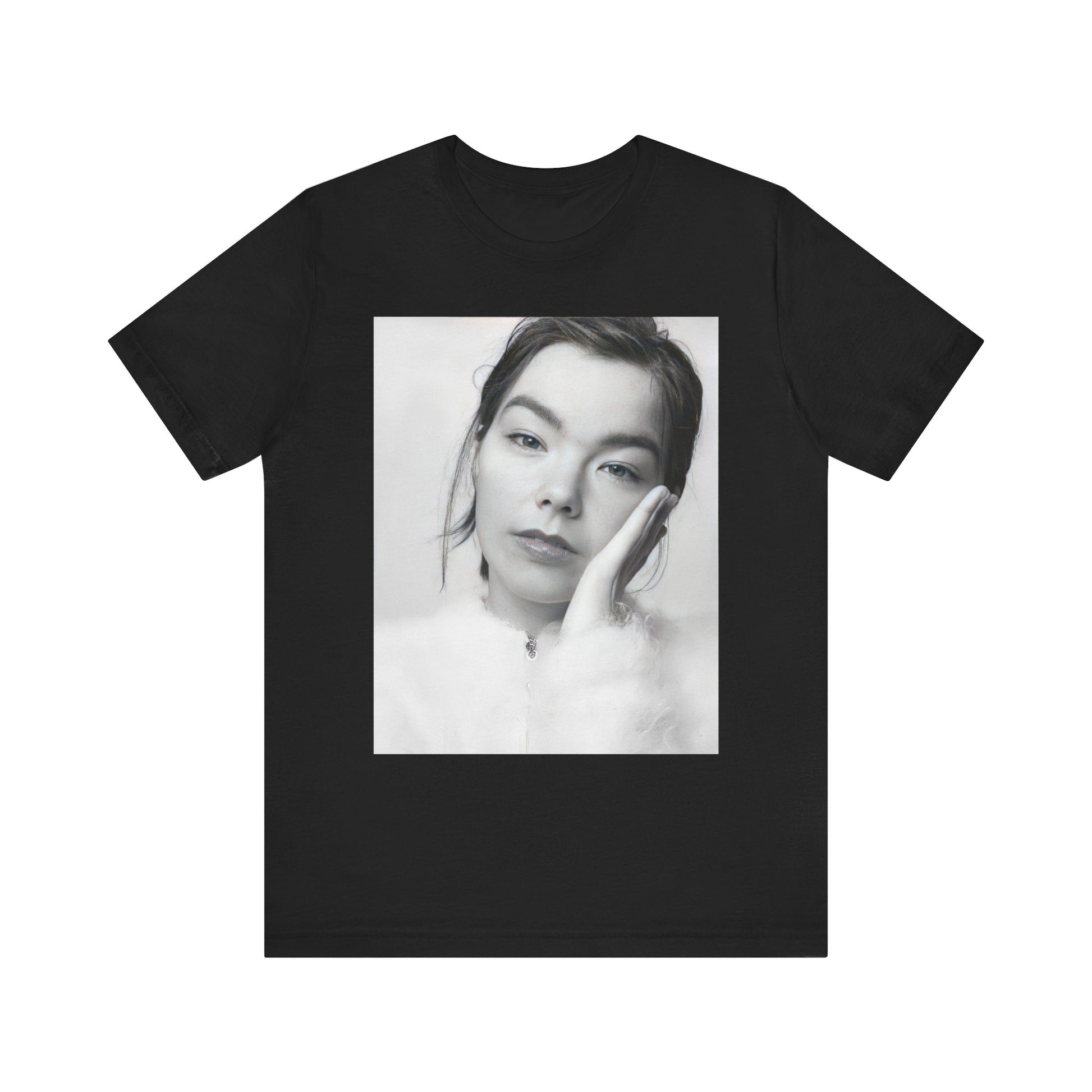 A black graphic t-shirt featuring a graphic related to Bjork's 'Post' album era, possibly with album art elements.