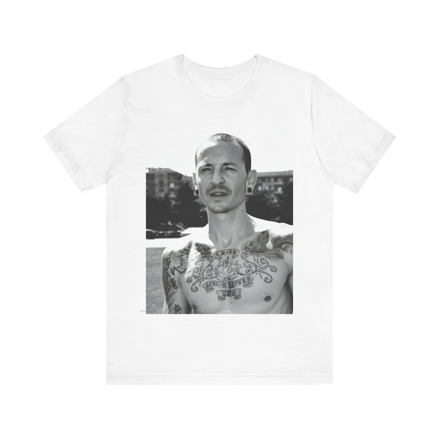 A black graphic t-shirt featuring a black and white graphic or photo portrait of Chester Bennington from Linkin Park.