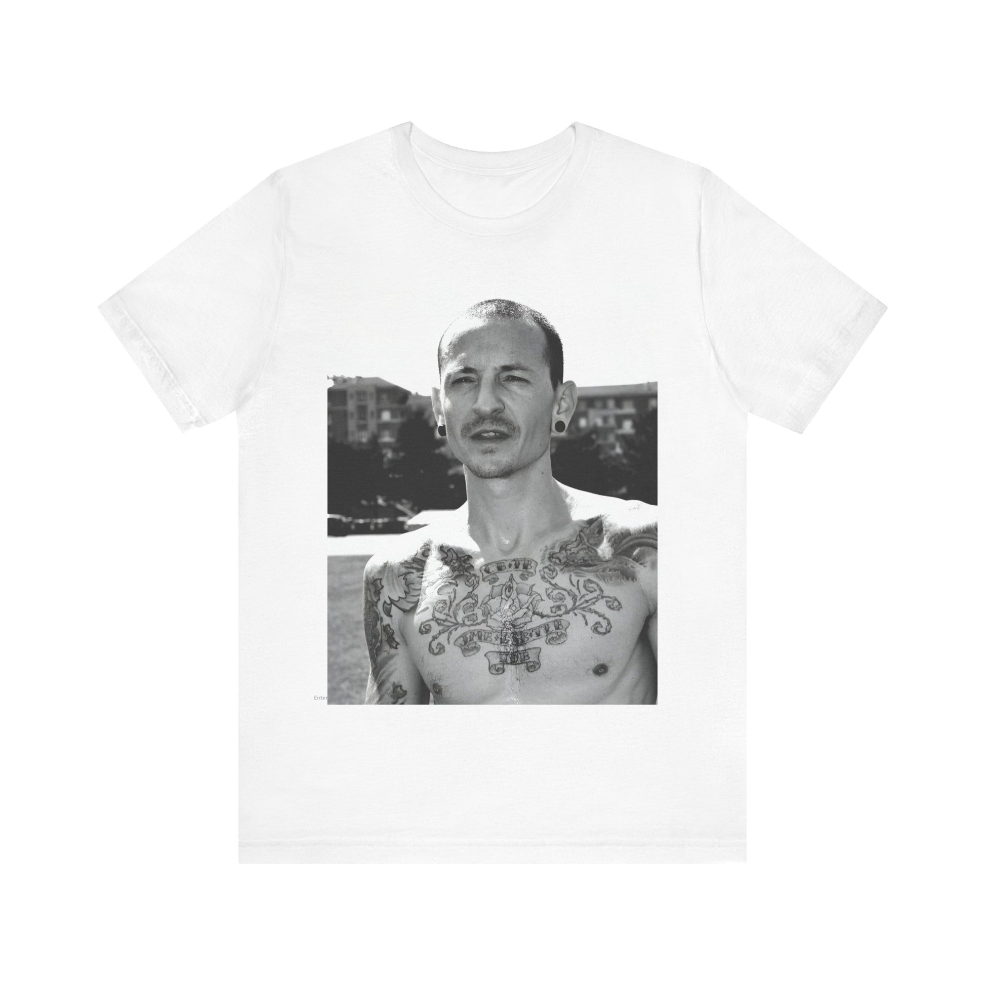 A black graphic t-shirt featuring a black and white graphic or photo portrait of Chester Bennington from Linkin Park.