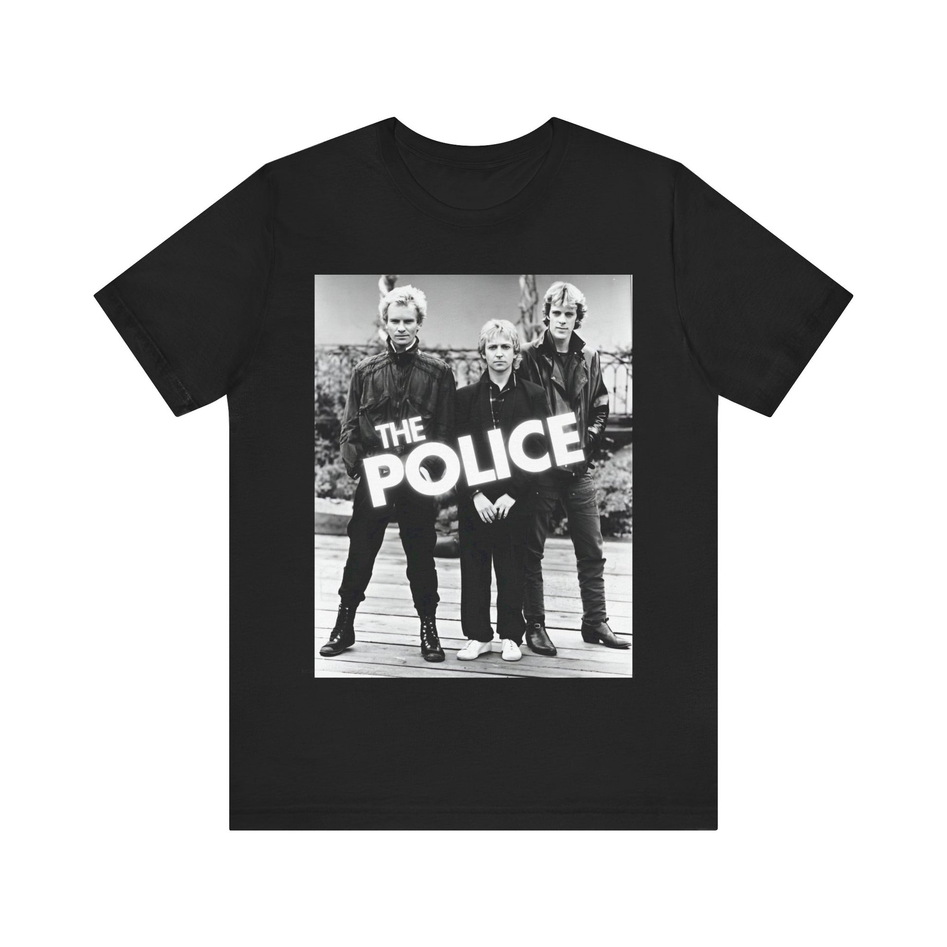 A black graphic t-shirt featuring an 80s pop rock aesthetic black and white graphic of The Police.