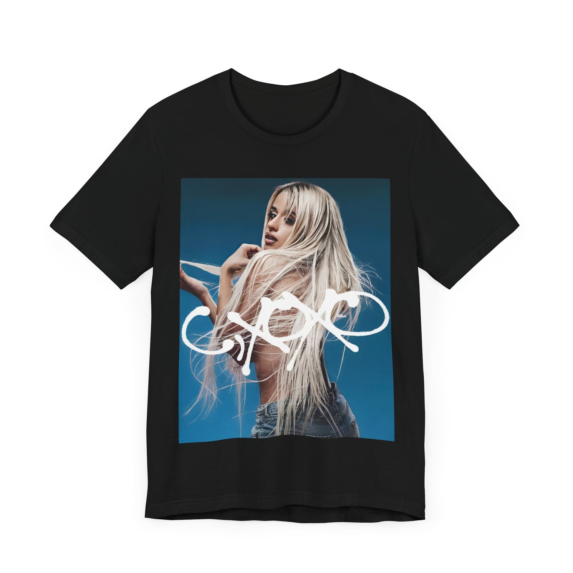 A black graphic t-shirt featuring a graphic related to Camila Cabello's C,XOXO album.