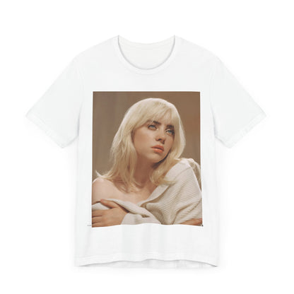 The iconic visual of Billie Eilish with black tears streaming down her face from the 'when the party's over' music video, printed on a t-shirt.