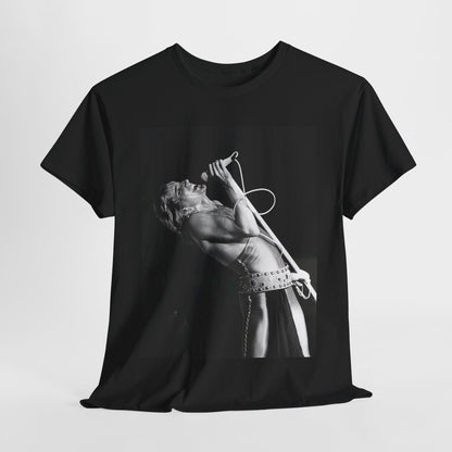 A black graphic t-shirt featuring a bold black and white graphic of Rod Stewart as a rock superstar.