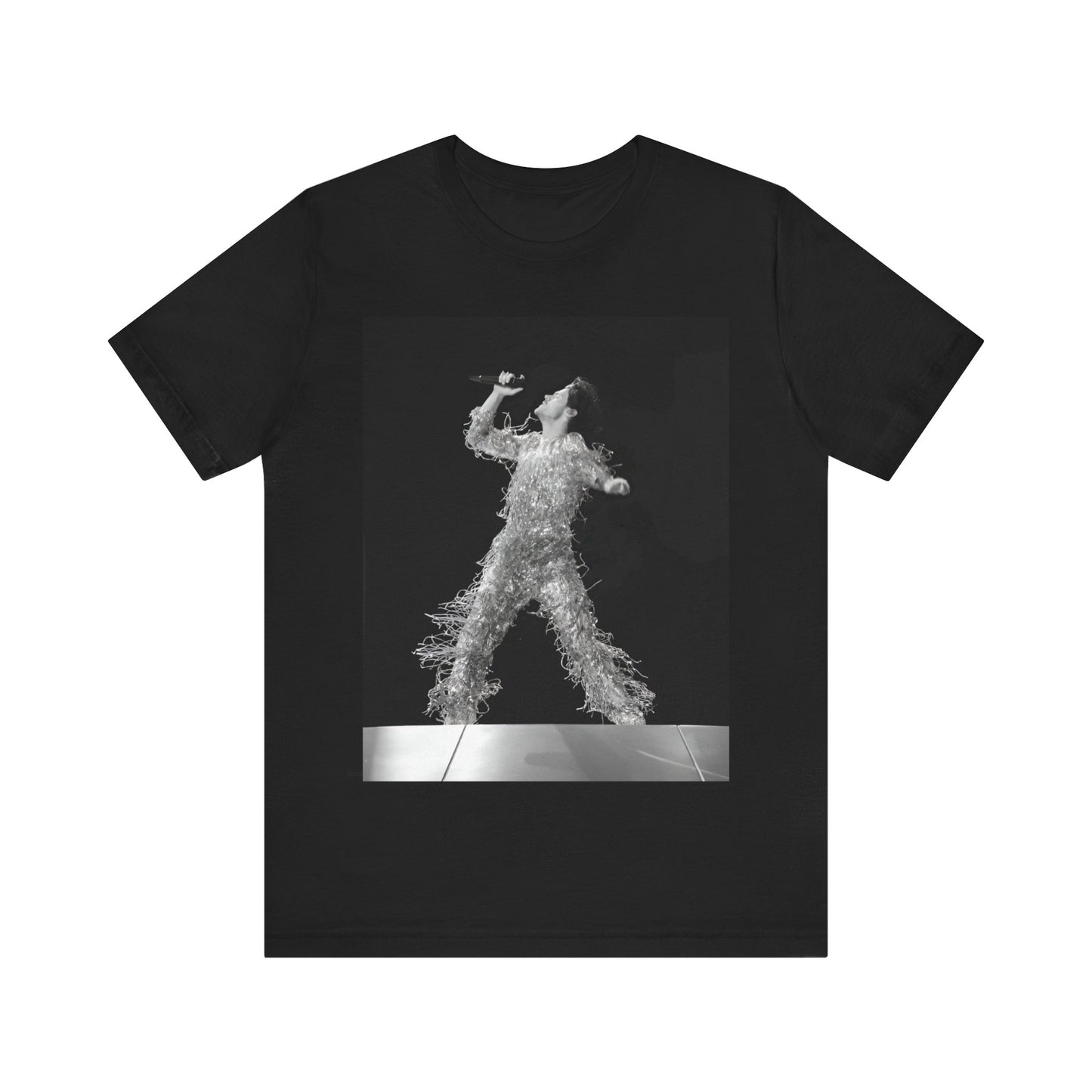 A black graphic t-shirt featuring a boxy pop aesthetic graphic of Harry Styles.